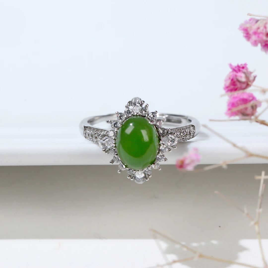 HW【麦子家族情人节礼物】天然和田玉碧玉戒指S925银时尚百搭 D0681