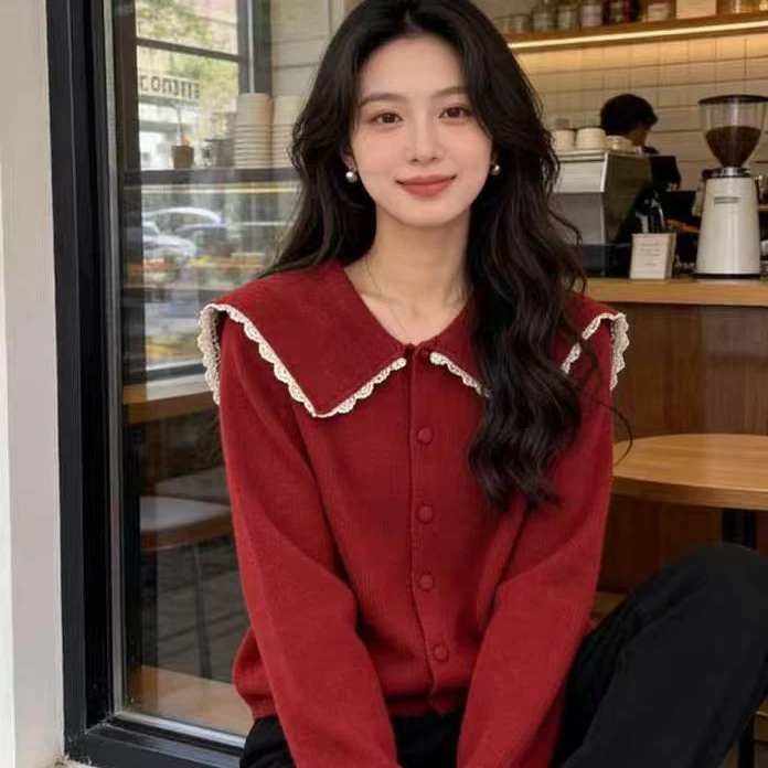 秋冬复古浣熊绒娃娃领针织开衫女宽松百搭保暖上衣