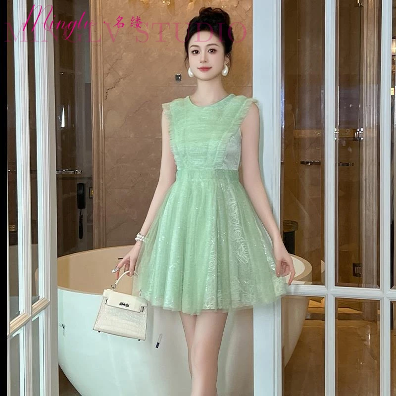 名缕掐腰a字连衣裙女夏季小个子绿色名媛气质无袖网纱仙女短裙