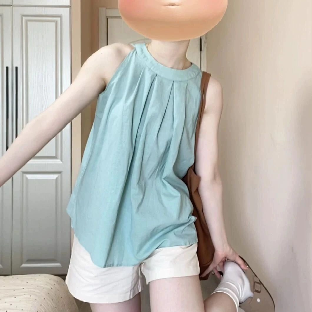 设计感压褶无袖露肩挂脖背心外穿韩系宽松显瘦娃娃衫上衣女夏潮