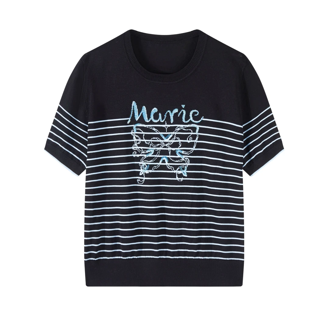 川禾织衣 夏季蝴蝶提花烫钻圆领兰精天丝短袖洋气显瘦针织T恤小衫