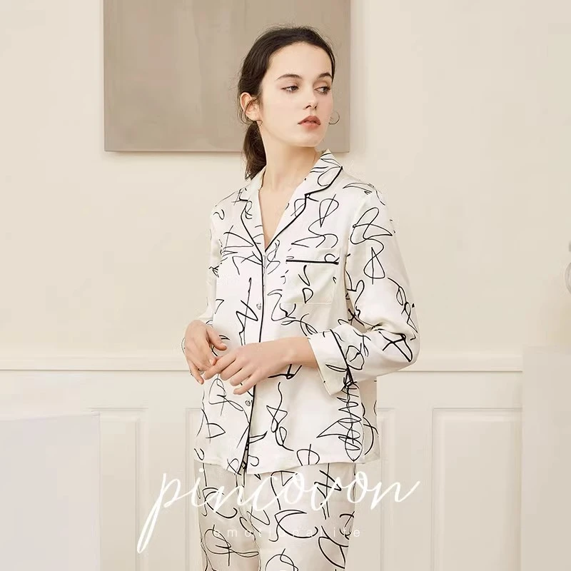 PINCO VON春秋重磅真丝睡衣女士艺术线条桑蚕丝情侣长袖家居服