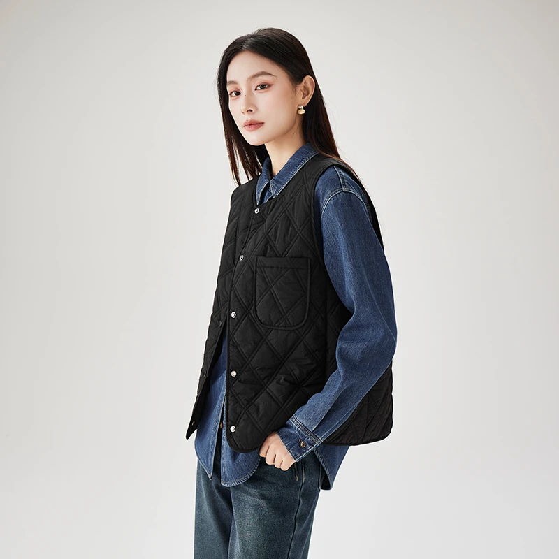 索菲丝尔【福利款】菱格绗棉圆领夹棉马甲外套2024冬坎肩上衣445033