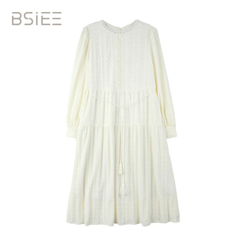 BSIEE系带连衣裙气质长袖时尚百搭优雅蕾丝提花中长款