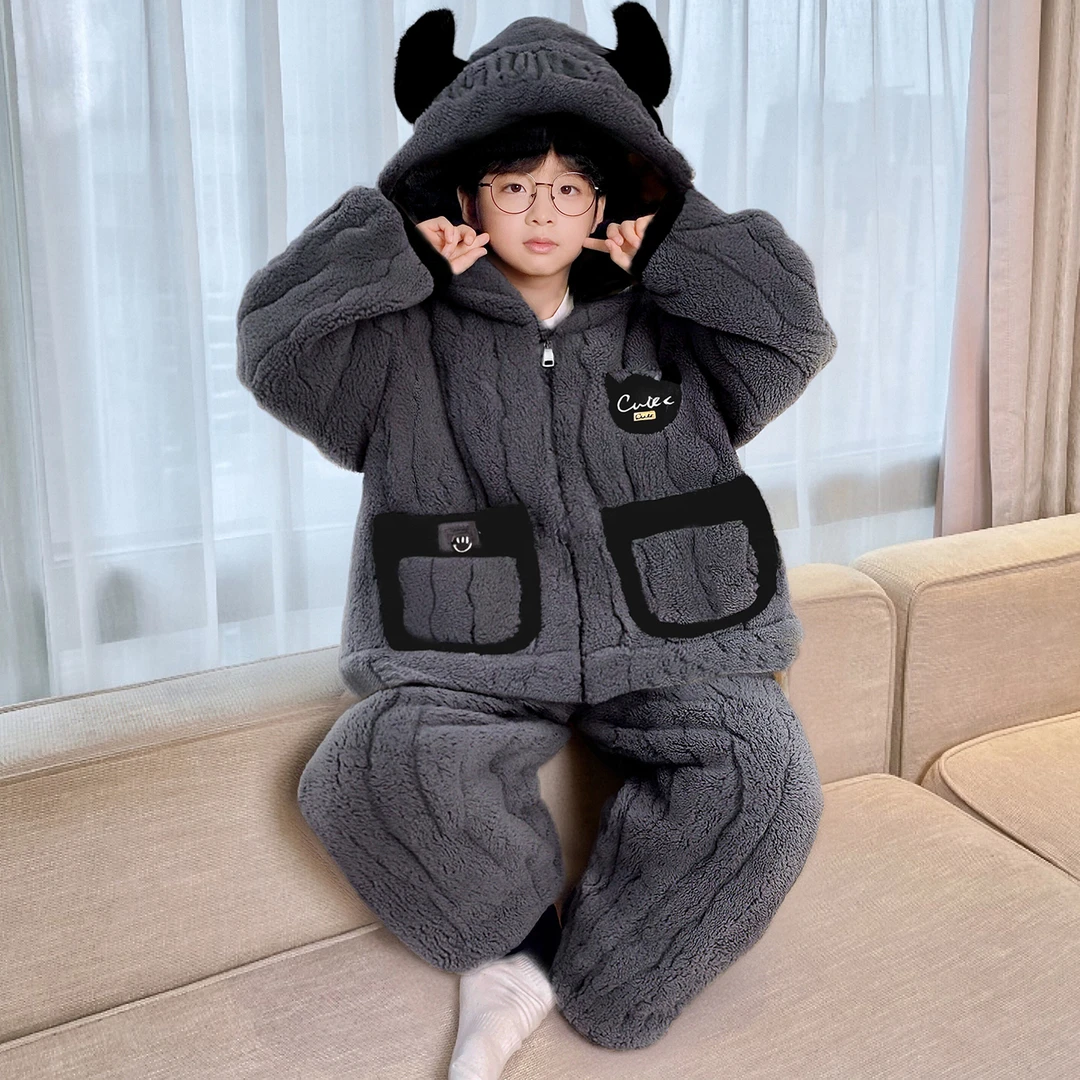 儿童冬季三层夹棉法兰绒睡衣加绒加厚男童洋气连帽卡通保暖家居服