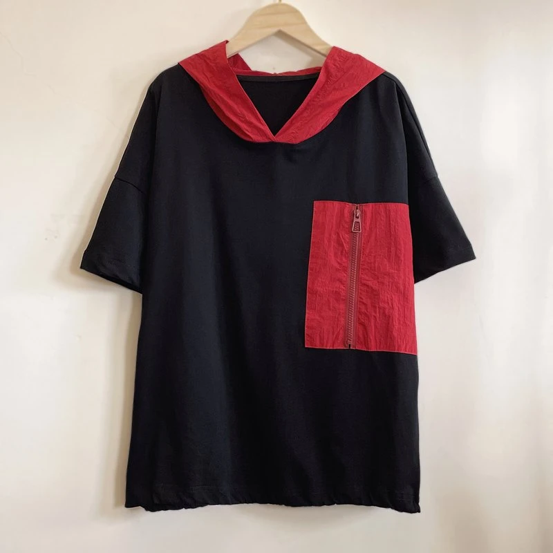 年轻中年妈妈装显瘦遮肉气质简约连帽夏季棉T恤2025新款YX105297