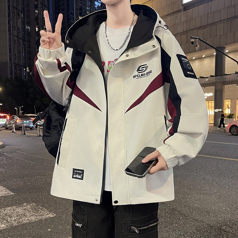 春秋季连帽男夹克套装青少年冲锋衣休闲工装百搭帅气宽松潮流外套