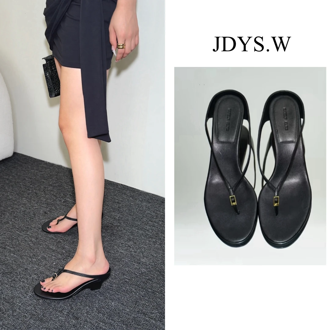 JDYS.W 法式小坡跟真皮 7cm羊皮 气质细带搭扣夹脚人字拖拖鞋凉鞋