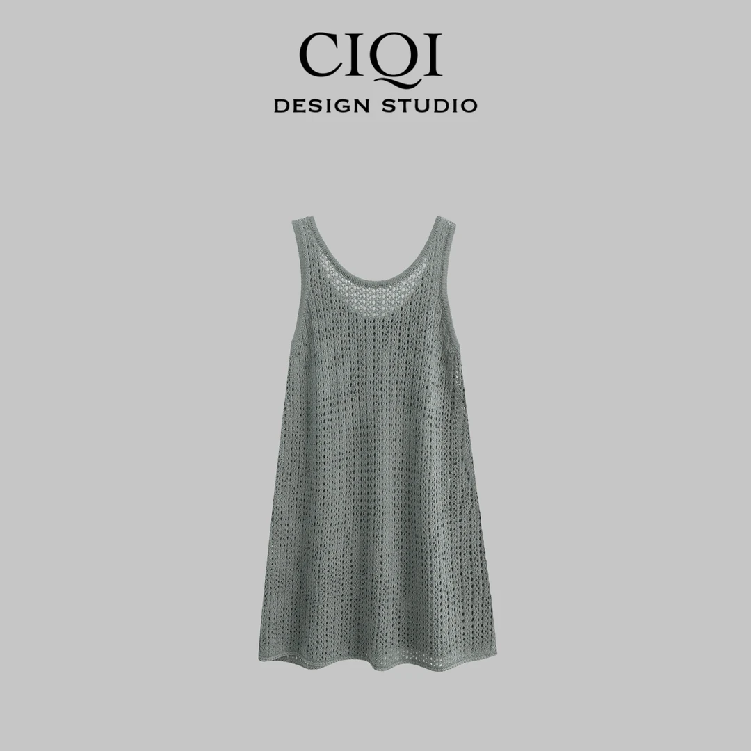 CIQI STUDIO【花期如梦】夏季新镂空中长款针织罩衫温柔背心DY25854