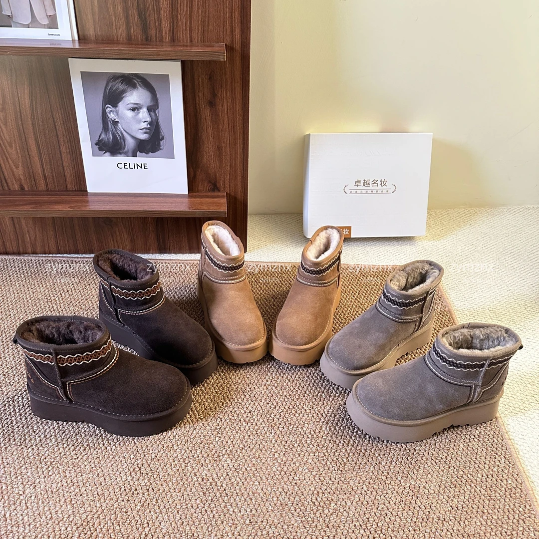 【平增高8cm】民族风雪地靴女2025冬季加绒加厚复古缝制短靴J005-1