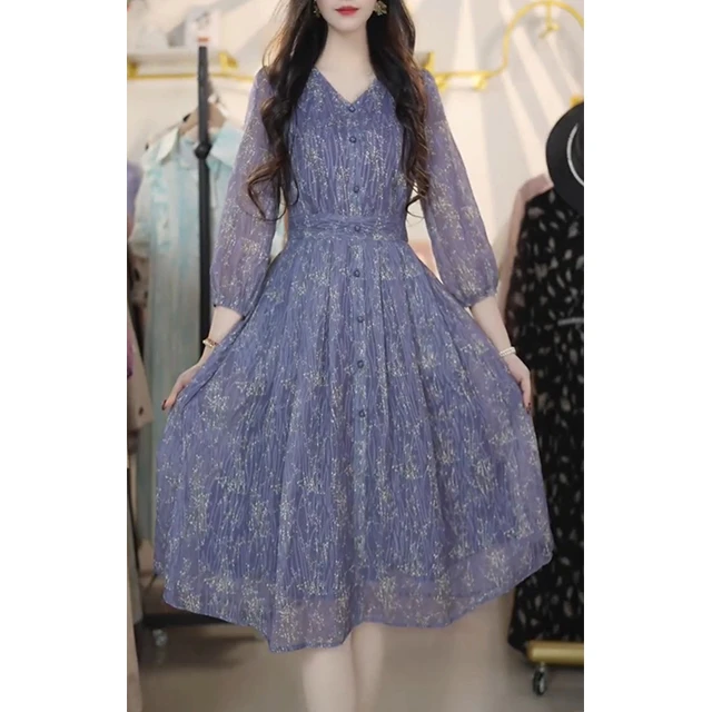 L7251夏季新款2025小众气质显瘦连衣裙收腰高端优雅中长款紫色裙