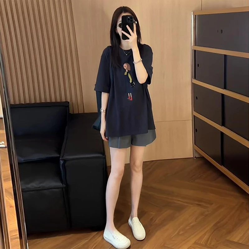 2025夏季新款女士宽松休闲百搭印花短袖T恤高腰阔腿短裤两件套装