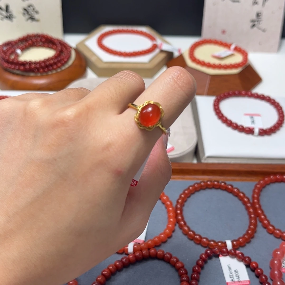 南红玛瑙银S925镀金镶嵌戒指原矿保山冰红戒指