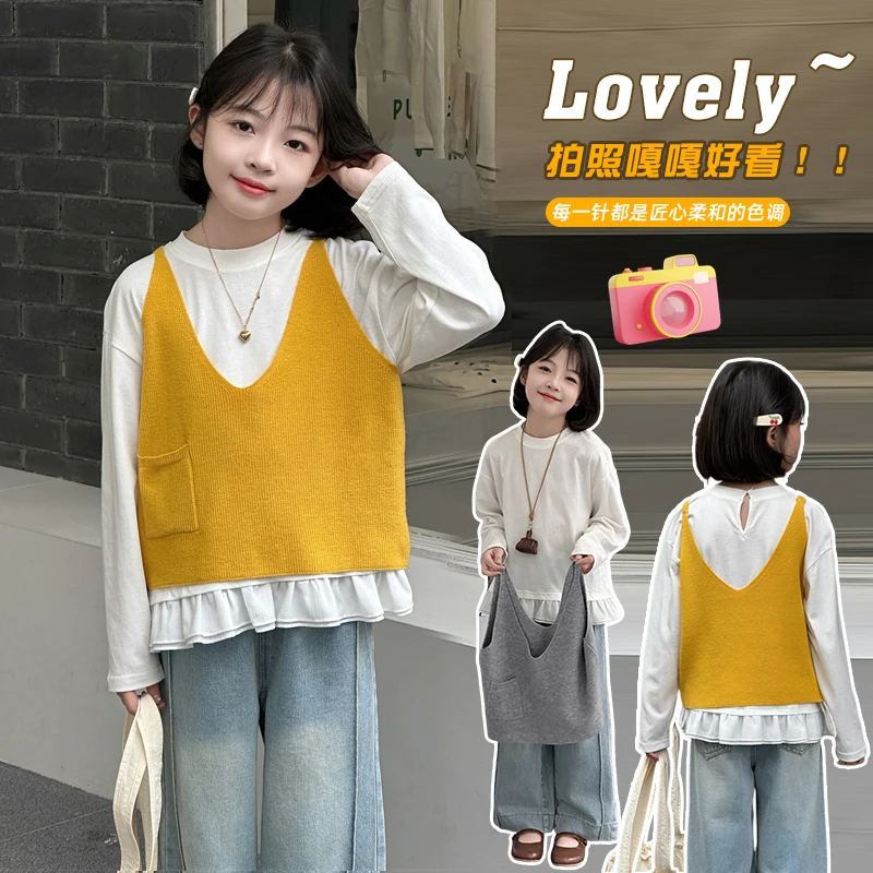 女童春装套装2025春秋款新款女大童韩系针织马甲牛仔裤女孩三件套