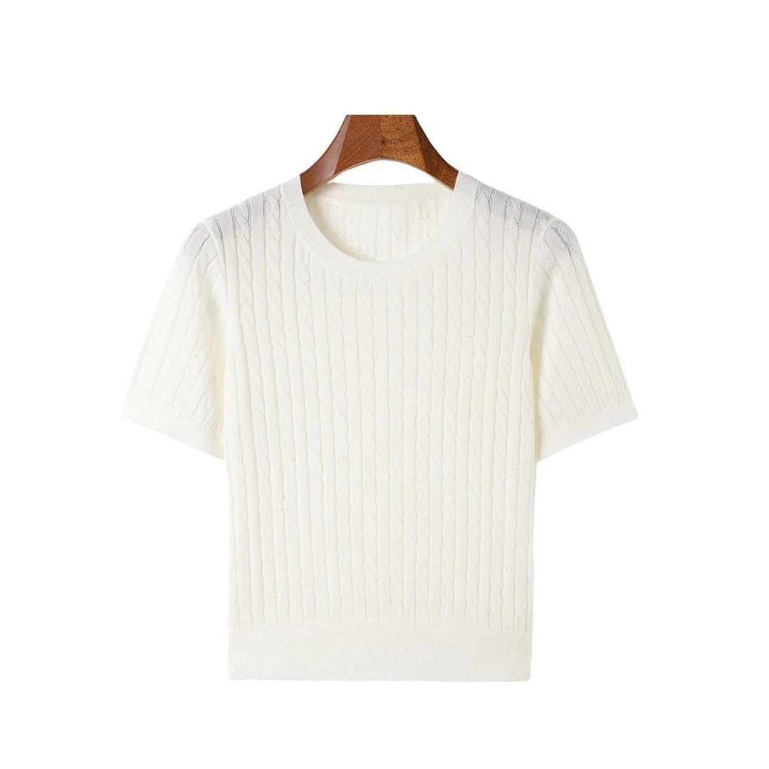 春夏圆领针织绞花短袖