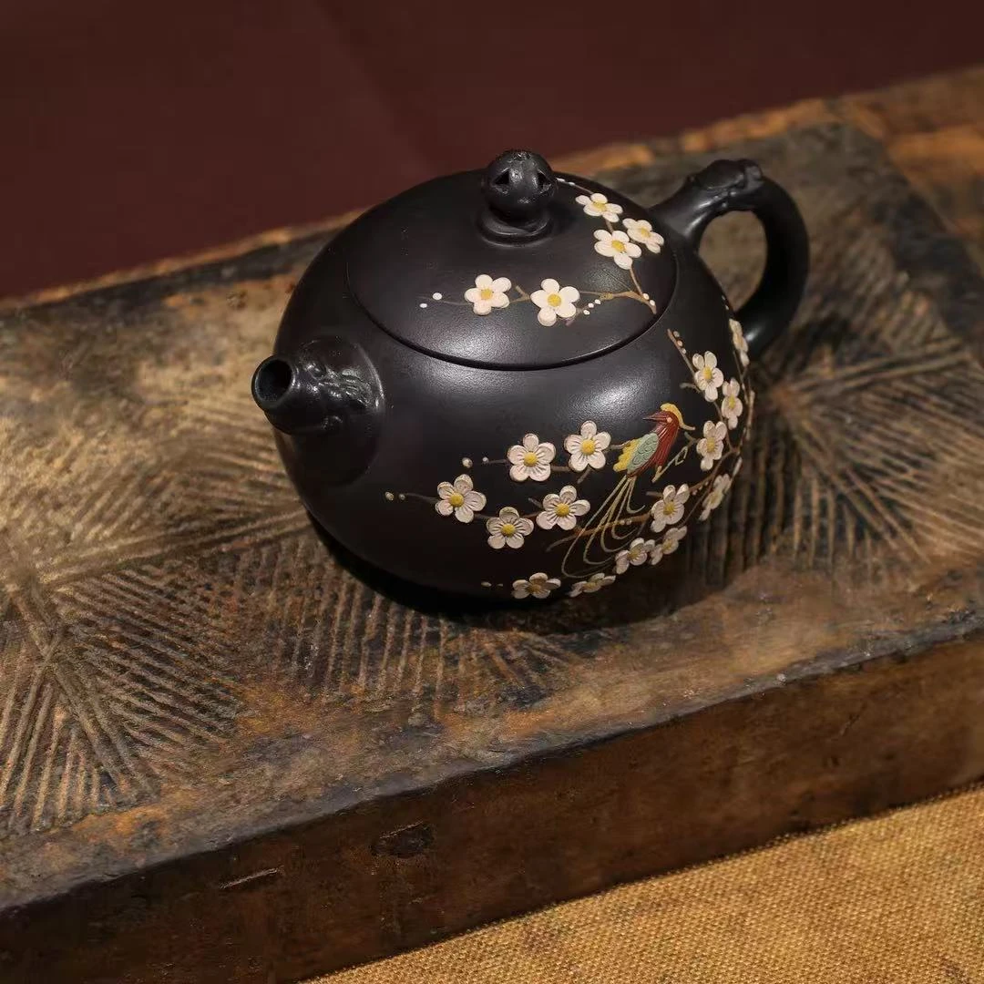 宜兴原矿紫砂 石黄全手工变色梅花泥绘西施壶茶具家用