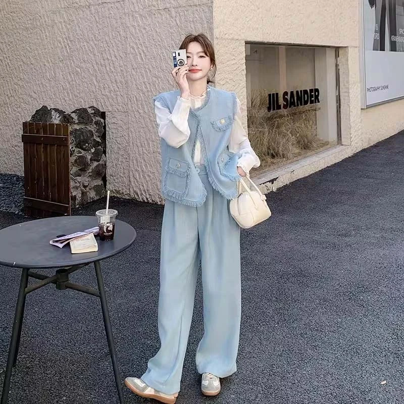 【三件套】小香风套装2025春秋新款马甲衬衣阔腿裤三件套HY0049