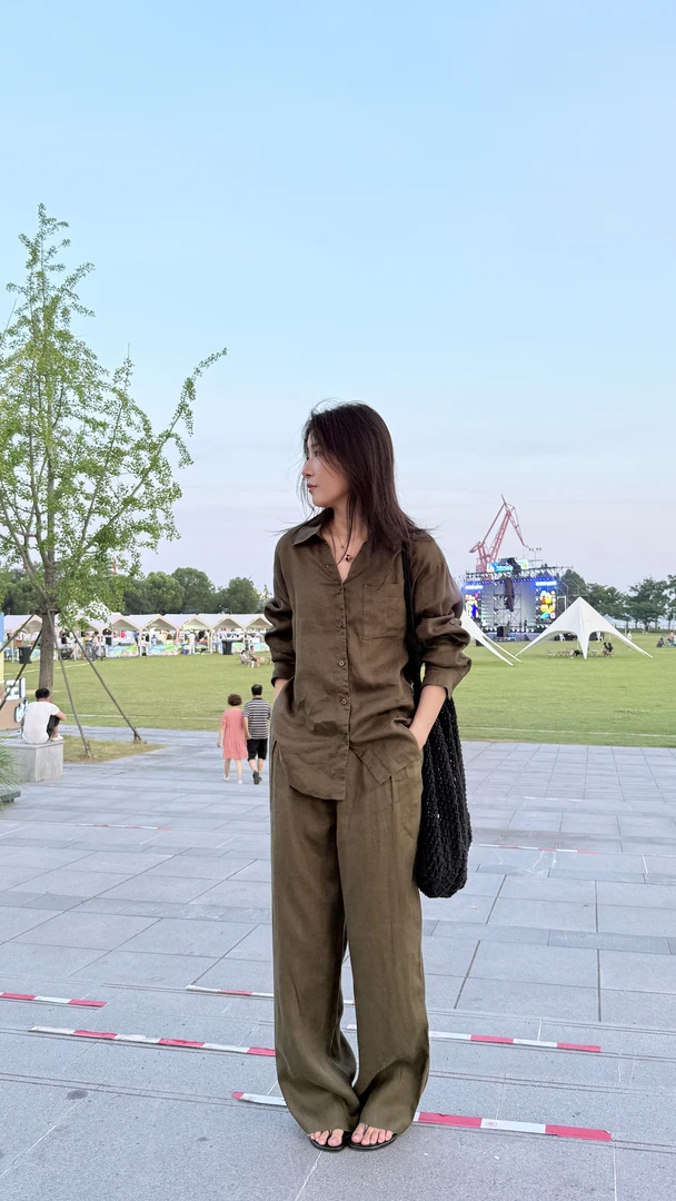 RV100亚麻（21支）老钱风时尚法式慵懒松弛设计长袖衬衫裤子115套装