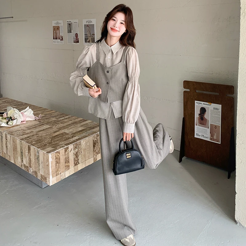 洋气高级感套装女2025春季新款时尚韩系衬衫马甲阔腿裤减龄三件套