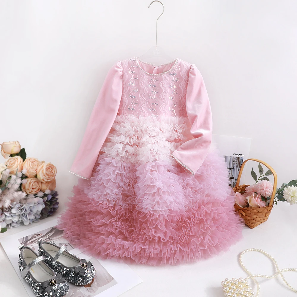 童一密度【桃花眏雪】女童春季新款时髦连衣裙洋气蛋糕裙 A458