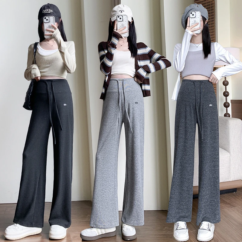 孕妇裤子秋季外穿洋气抽绳休闲阔腿裤时尚刺绣无托腹小个子直筒裤