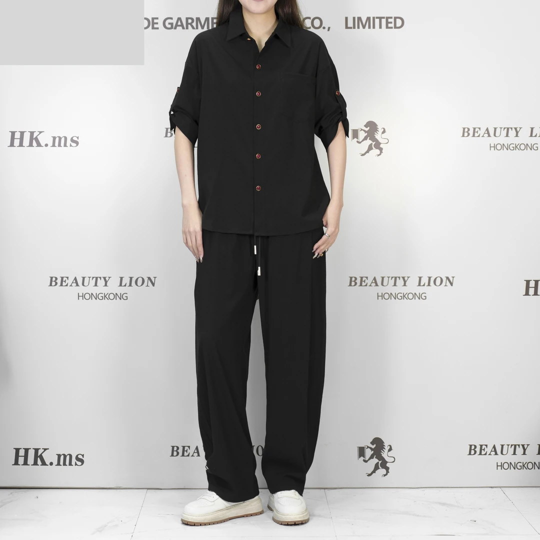 2025H·K美狮潮牌时尚夏季简约纯色翻领百搭休闲套装