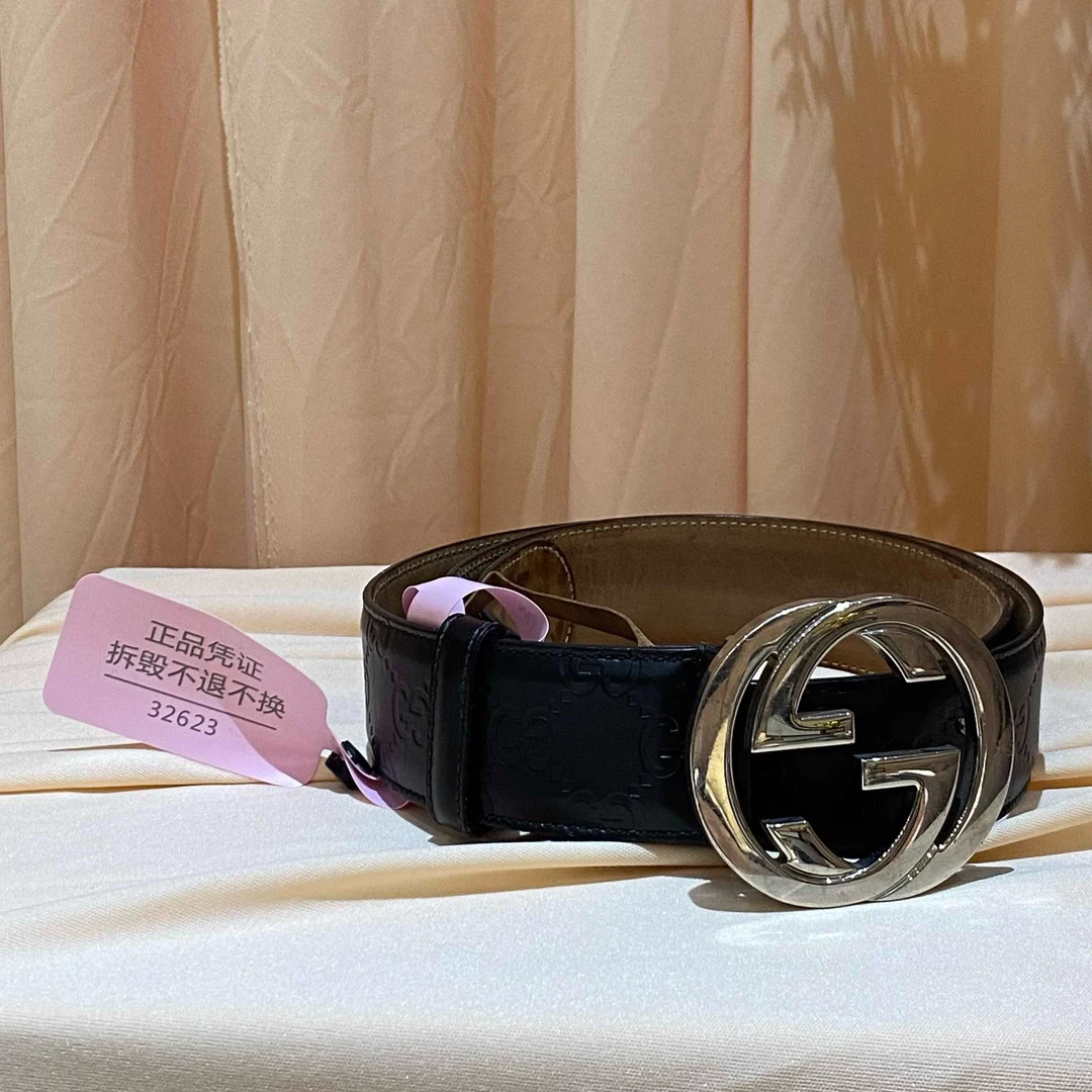 95新 GUCCI/古驰 Gucci古驰银色双G扣皮带/长110宽4/32623有油渍