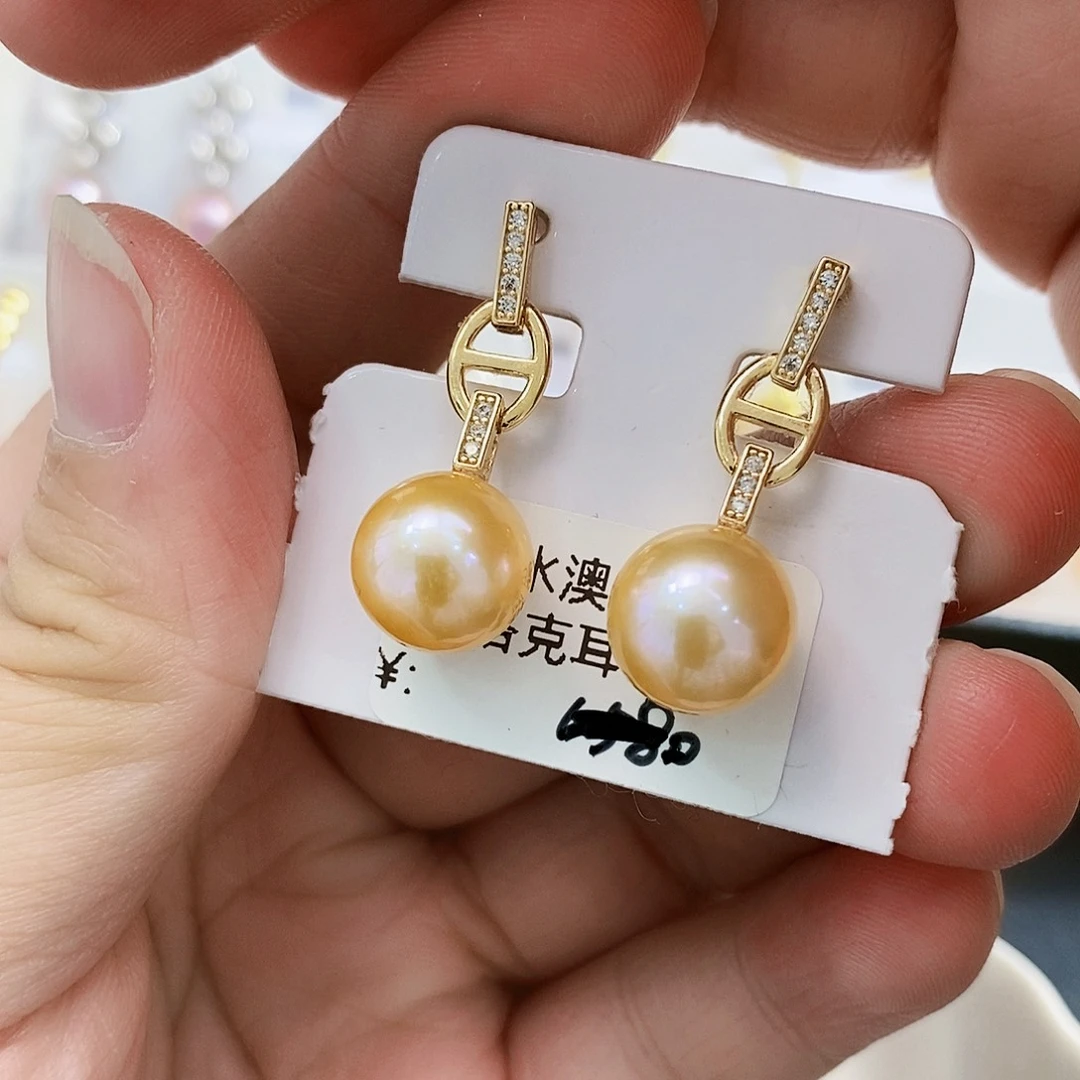 银S925镶嵌特价新品淡水极光橙耳饰淡水珍珠