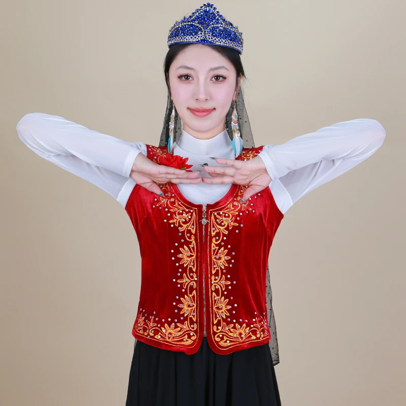 新疆舞蹈服维族舞舞台服金丝绒重工刺绣烫钻短款女马甲