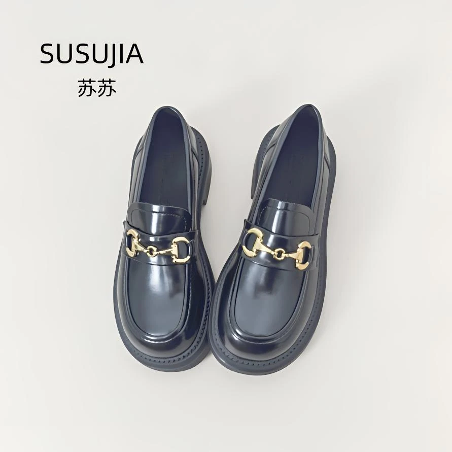 2025新款厚底乐福鞋女英伦风黑色马衔扣小皮鞋粗跟增高一脚蹬单鞋