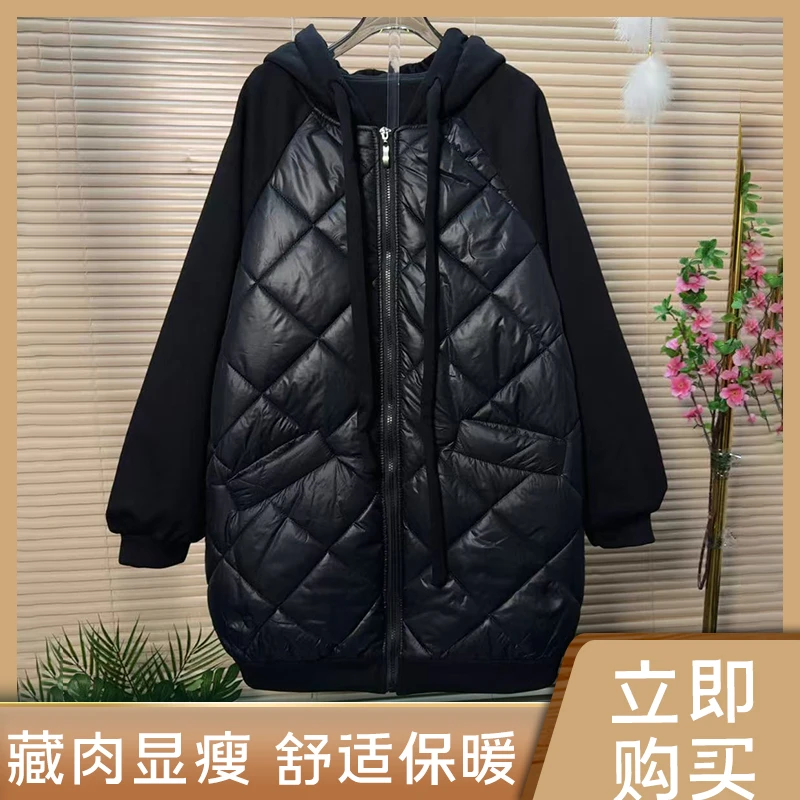 保暖连帽长袖拼接菱形格女士棉服休闲冬季秋冬百搭