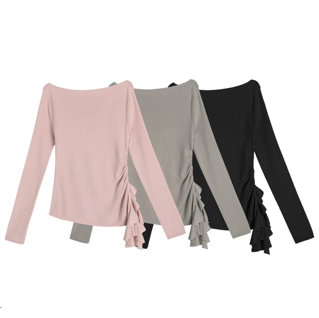 小众显瘦不规则一字领侧边荷叶边抽皱开叉长袖针织衫-天丝上衣