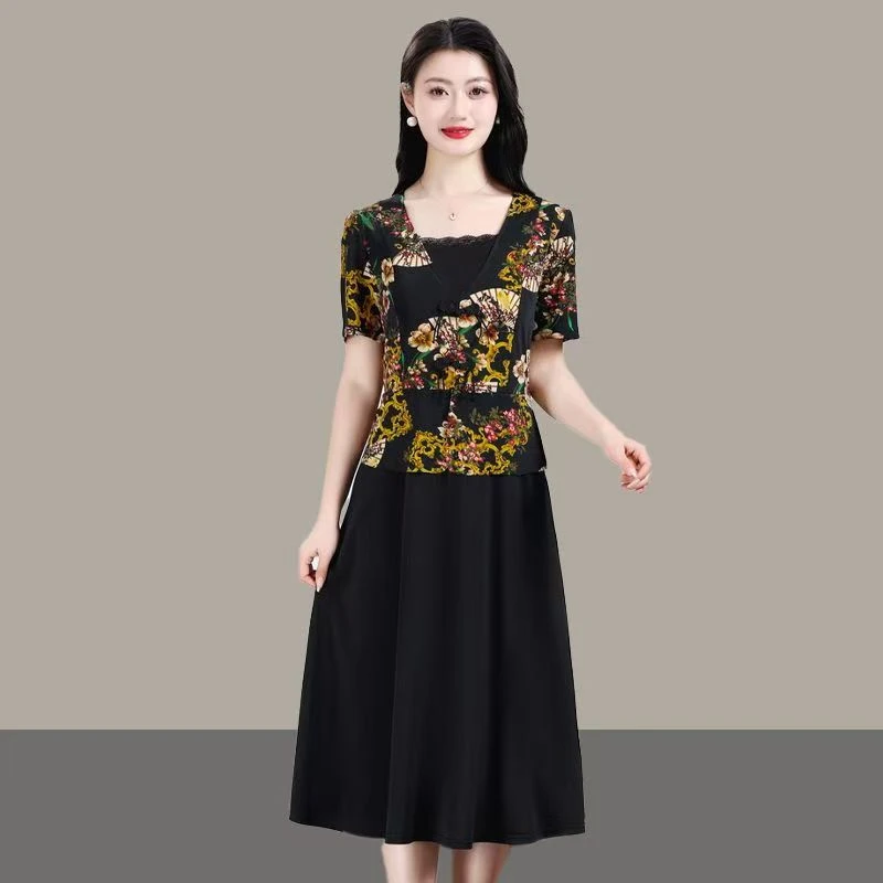 10528-夏季新款假两件中式连衣裙气质妈妈中长裙子【G12-3-3】