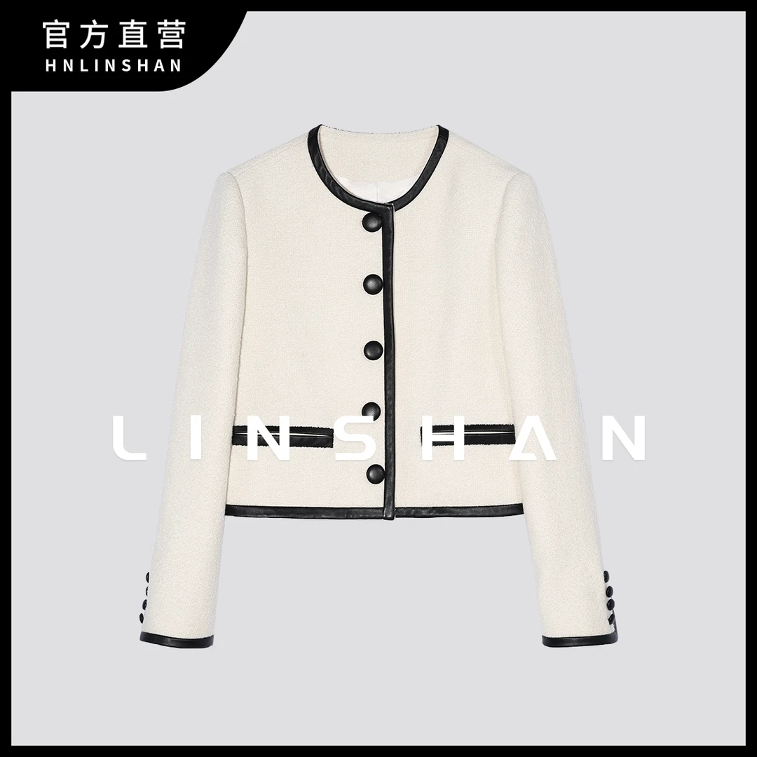 【清】【月影】秋新款羊毛拼皮时尚百搭气质小香风外套23315703