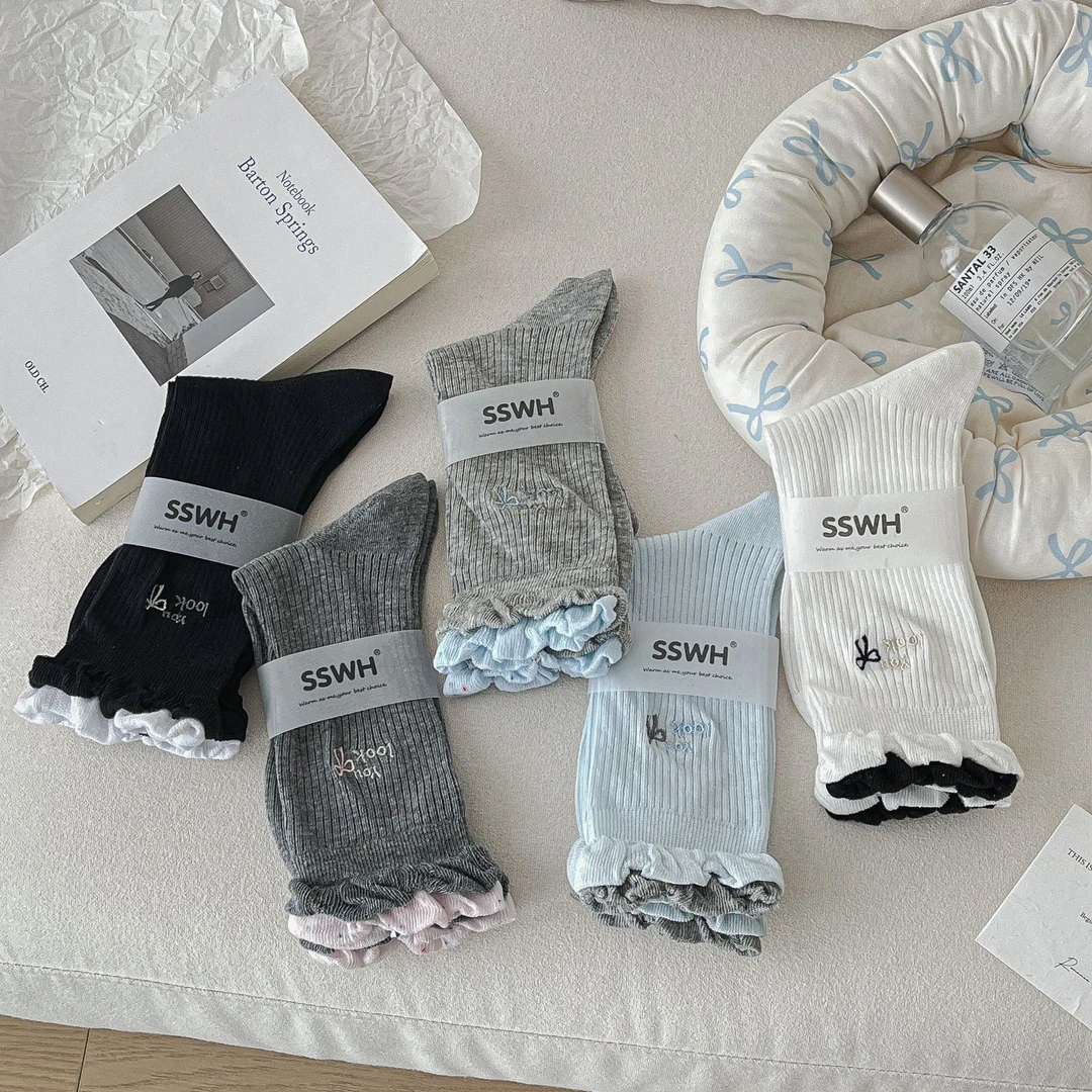 2025 新款轻薄款刺绣透气袜子女中筒袜春夏 蝴蝶结花边双层堆堆袜