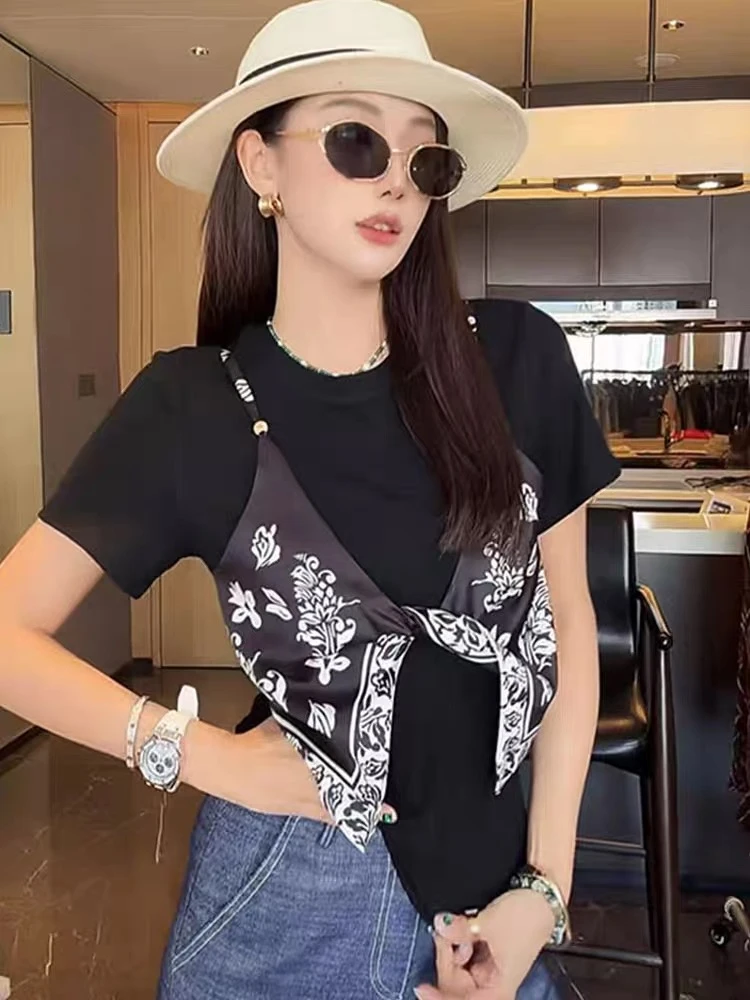 《木兮木》美式假两件短款T恤女夏季2025新款设计感小丝巾小众上衣