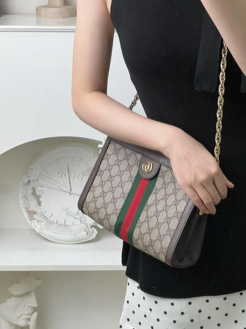 95新 GUCCI/古驰 98新/op夹子链条包小号老花/甄选