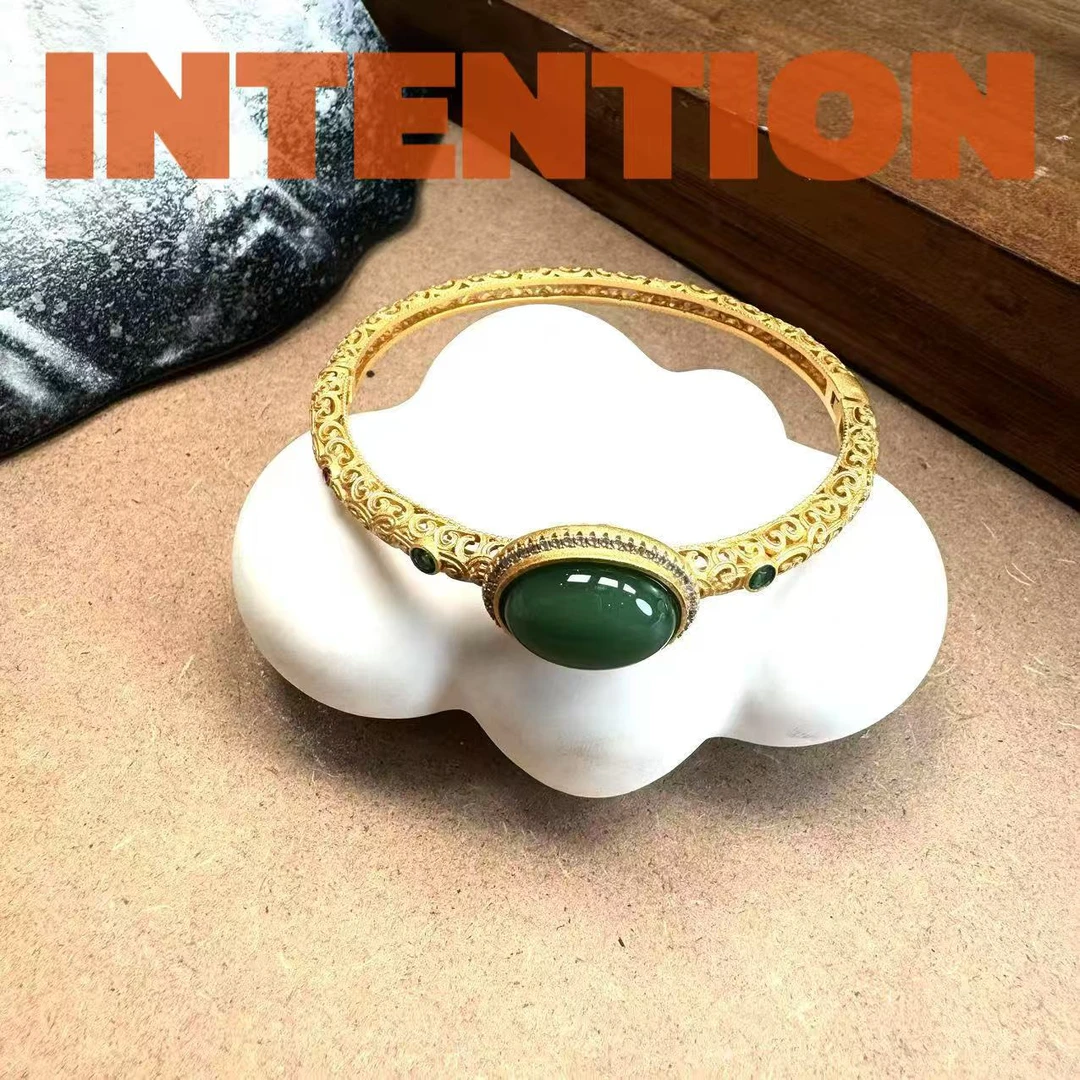 手镯 正品INTENTION 新中式菠菜绿色花丝镂空开口手镯AE542