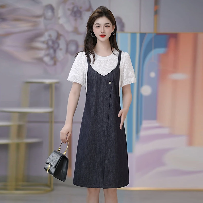 牛仔背带裙泡泡袖假两件拼接牛仔连衣裙显瘦减龄中长款裙子