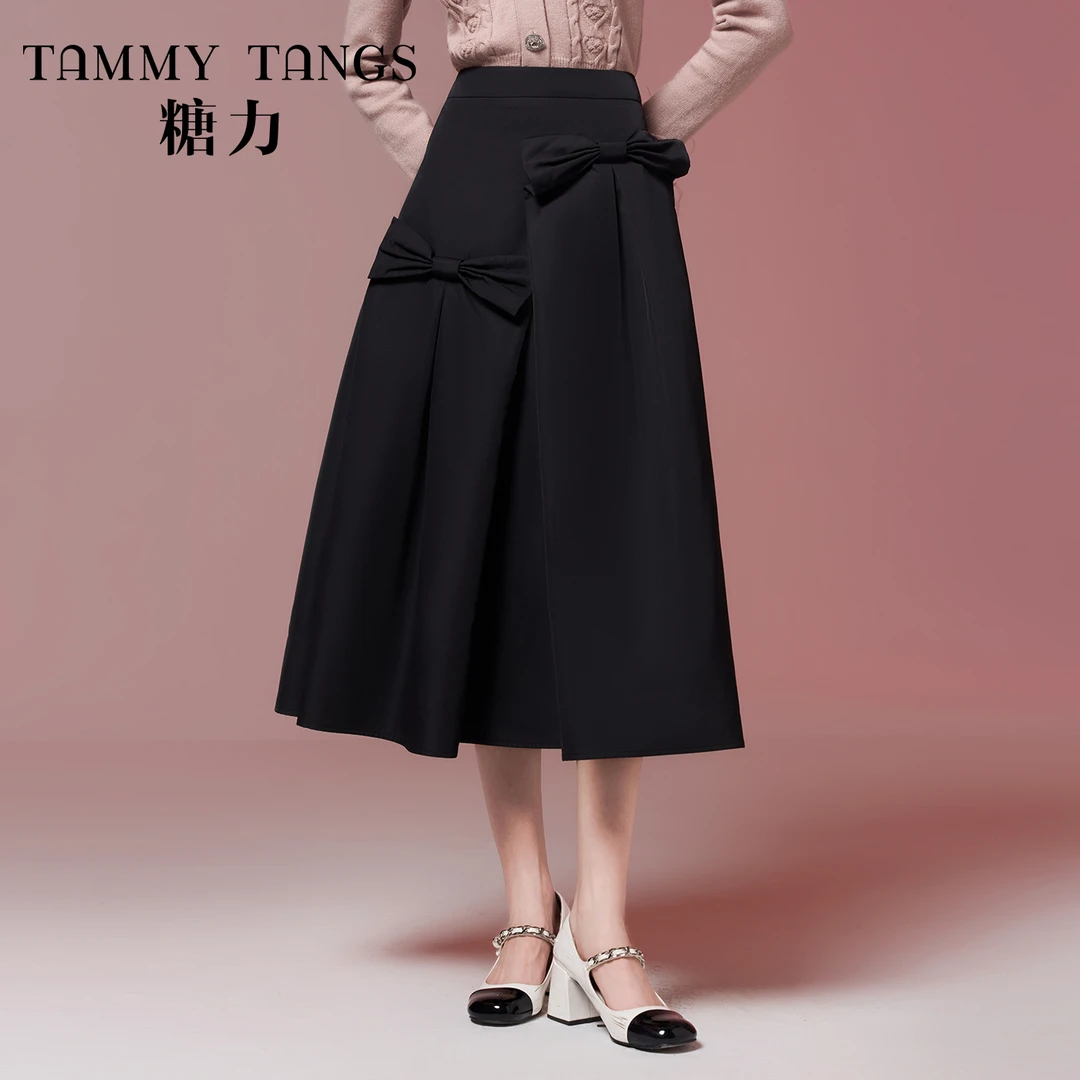 【诗语专属】糖力 高腰显瘦A字伞裙立体蝴蝶结半身裙中长款