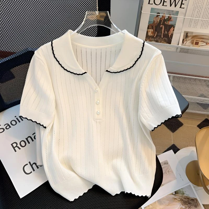 特大码法式小香风冰丝针织衫女夏季胖mm短袖T恤别致宽松休闲上衣