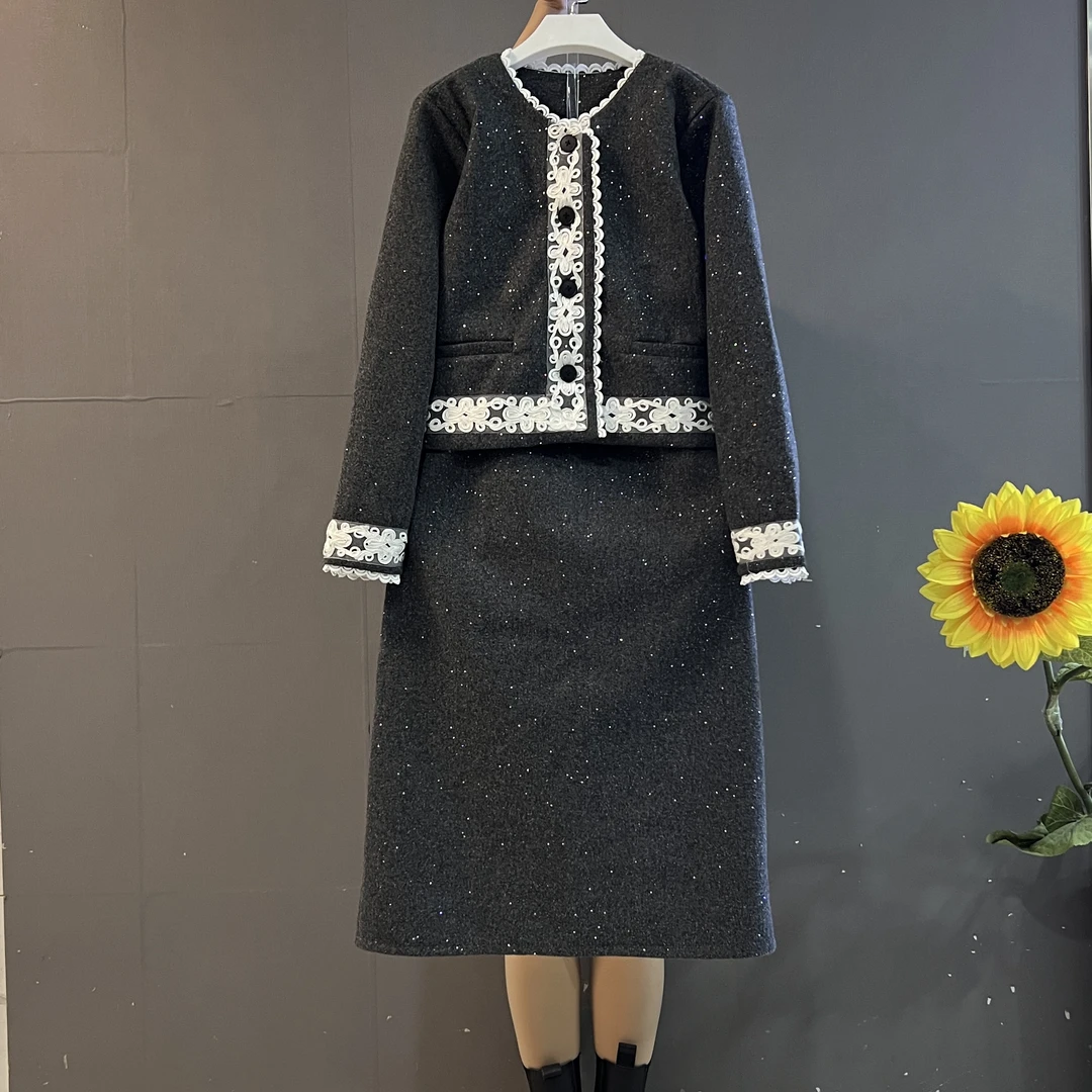 新款小香风蕾丝花边短外套➕半身裙气质显瘦夹棉两件套