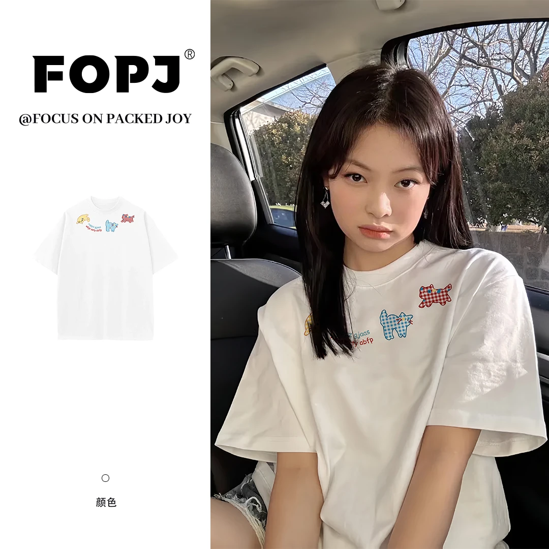 FOPJ韩版时尚可爱卡通印花纯棉短袖T恤女夏季休闲百搭半袖上衣潮