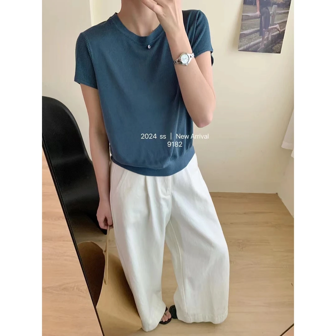 /孔雀蓝/简约时尚亮片圆领柔软针织衫女气质百搭显瘦上衣93173