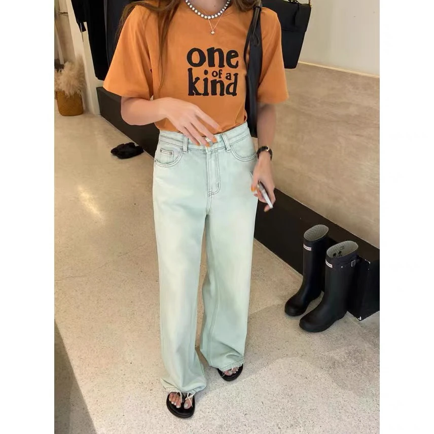 WH JIA春季韩版复古水洗直筒牛仔裤女百搭宽松显瘦长裤