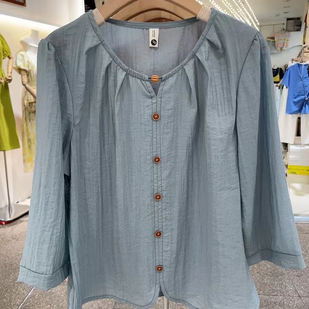 套头款文艺复古宽松圆领木珠七分袖袖衬衫女夏季百搭气质上衣