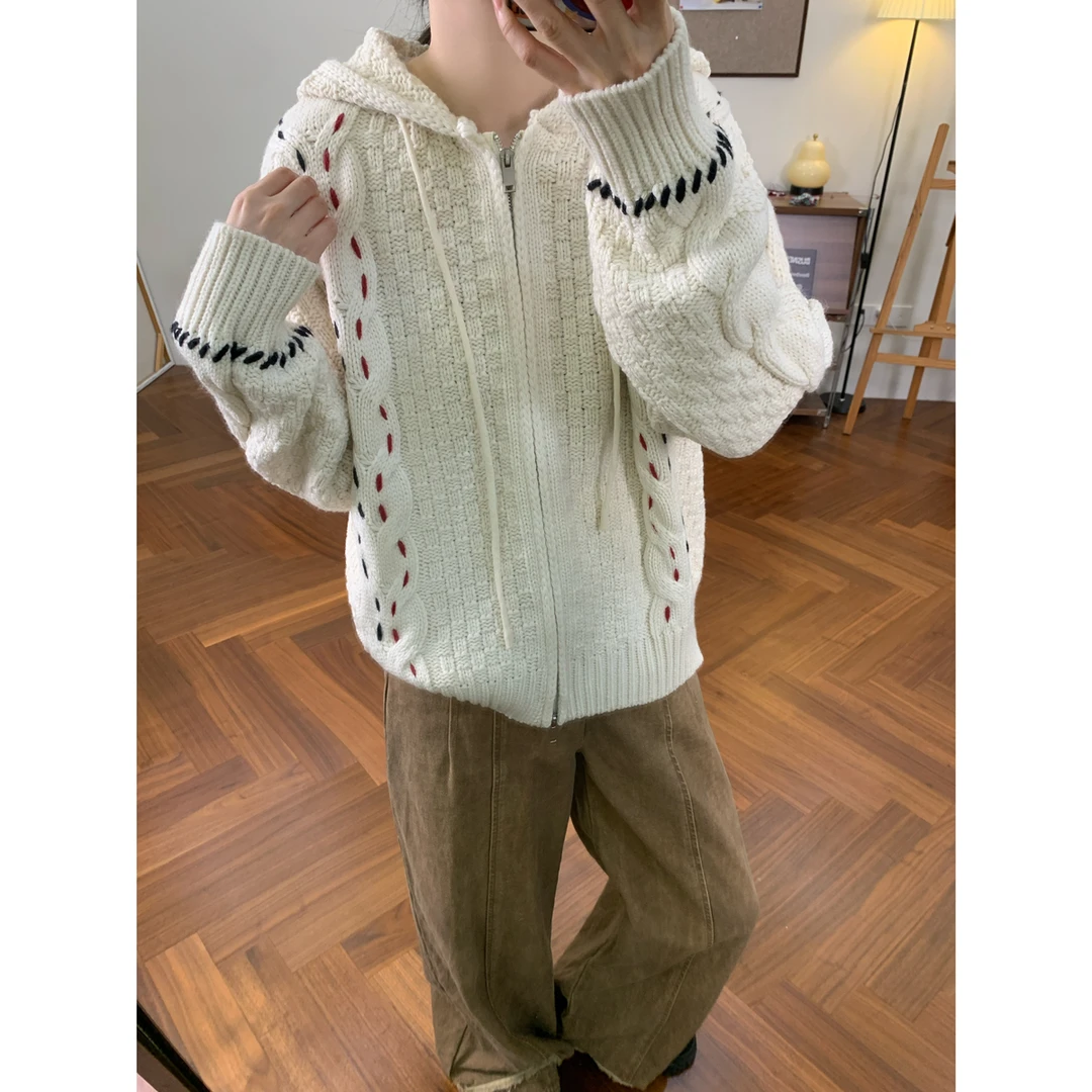 复古手工明线麻花毛衣外套女韩版秋冬新款宽松百搭拉链针织开衫潮