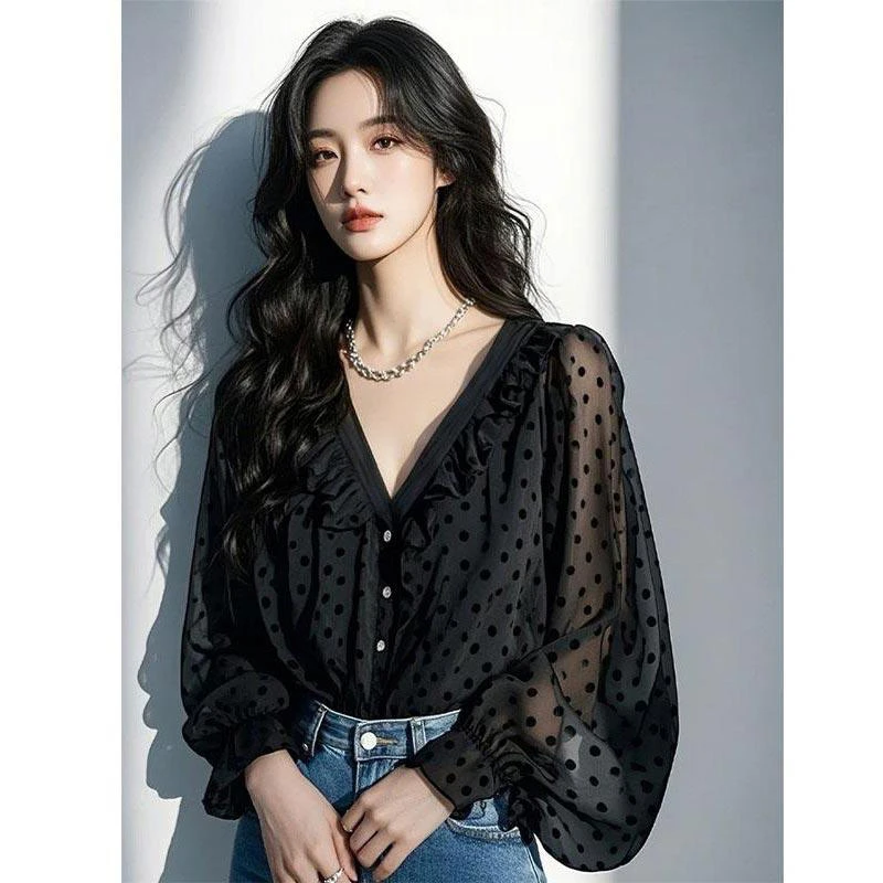 法式小众设计感波点荷叶边雪纺衬衫女2025春秋新款时尚百搭上衣女