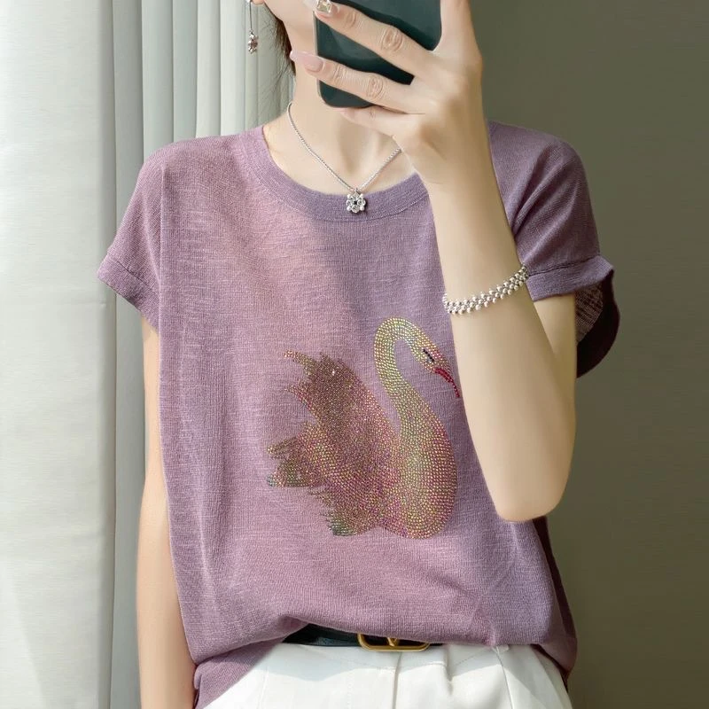 凉爽竹节棉针织短袖女T恤重工烫钻冰丝圆领短袖女款爆款2025新款