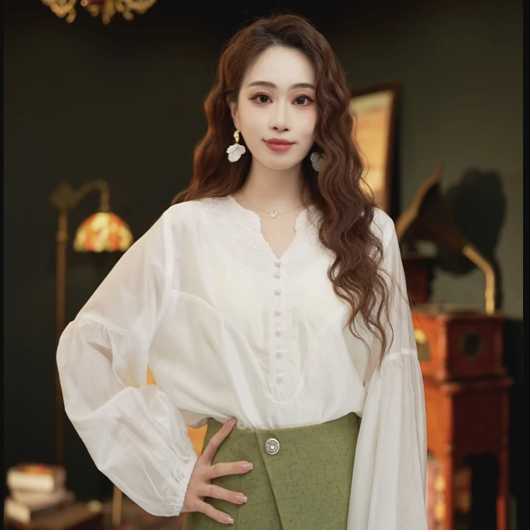 慧慧【梦醒时分】轻奢气质纯色长袖衬衫宽松显瘦上衣YR0824073